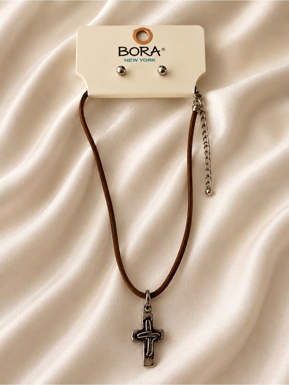 Brown Suede Cross Pendant Necklace